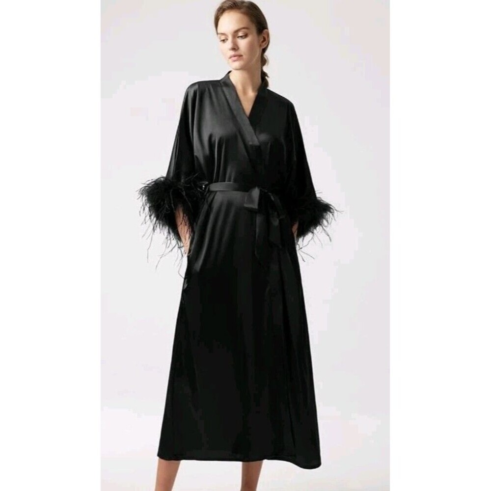 PRODESIGN Shiny Satin Kimono Long Robe Ostrich Feather Trim Black One Size Glam